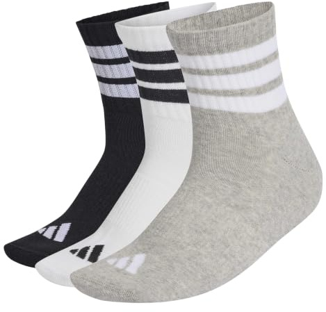 adidas Mixte 3 Stripes Cushioned Sportswear Mid Cut Socks 3 Pair Pack, medium grey heather/white/black, 37-40