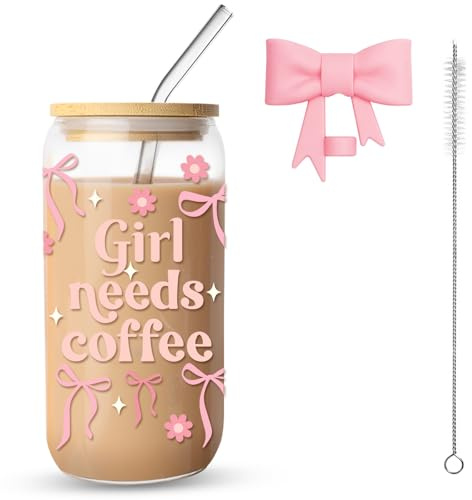 FIDWALL Bicchiere 16oz/500ml in vetro con coperchio e cannuccia, Tazza estetica con fiocco per iced coffee, matcha, smoothie – Bicchiere vetro con cannuccia (Tazza Coffee Girl)