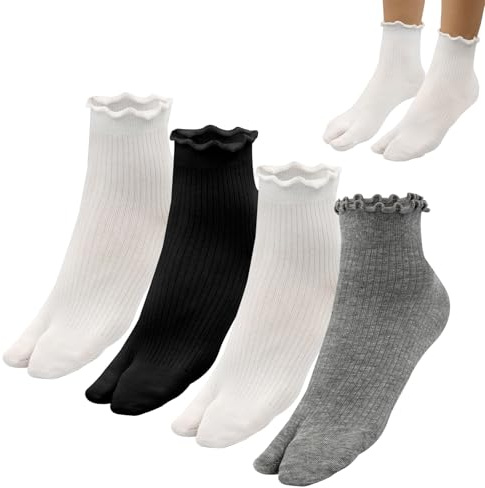 Soleeya 4 Paia Calze Tabi Donna con Volant, 35-39 Calzini Infradito Tabi Elastico Calzini Giapponesi con Alluce Separato Cotone (IT, Numero, 35, 39, Regular, Regular, Bianco/Nero/Grigio)