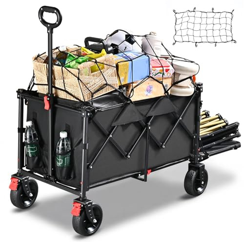 YEAUPE PRO XXL Carro Playa Ruedas Grandes 160-240L / 200kg – Fondo abatible para Objetos Largos, Frenos, para Camping, Pesca y Transporte Familiar – Red elástica incluida, Negro