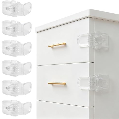 Roctee 6 Pack Drawer Baby Locks Clear, Baby Proof Locks for Side Drawers Pull Out Thin Dresser Kitchen Cabinet Bedside Tables, Safety Latch Child Proofing Clips
