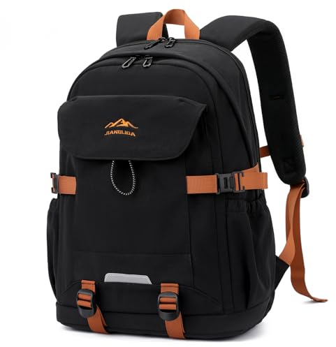 Amythe Schulrucksack Jungen Teenager Groß Kapazität 30L, Atmungsaktive Schulranzen Junior Oberstufe Schultasche mit Brustgurt, Wasserdicht Wanderrucksackür Outdoor und Reisen, Schwarz