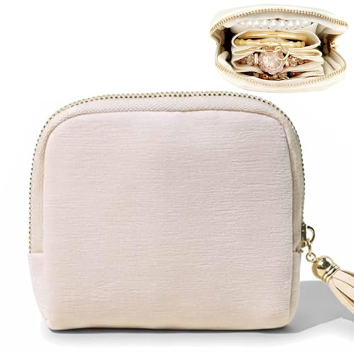 Cossaot Smyckeslåda för resor, liten smyckeslåda med fransar, bärbar resesmyckesväska, liten resesmyckesväska med dragkedja för armband, ringar, örhängen och halsband (beige)
