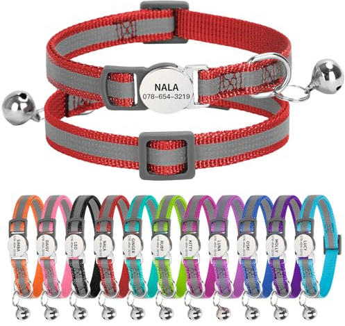 Personalised Reflective Cat Collar with Name Tag,Quick Release Kitten Collars with Bell Safety Buckle, Adjustable Nylon Cat Collar for Cats Kittens UK Prime (19–30 cm, Red Strip)
