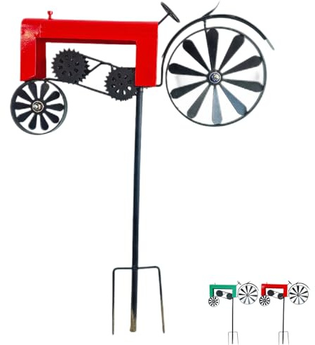 Vintage Tractor Wind Spinner,Vintage Turning Wheels Metal Tractor Wind Spinner,Windmill Garden Stake,Iron Yard Decoration,for Flower Bed Lawn Garden (Red)