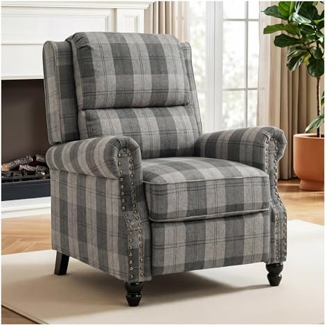 INMOZATA Linen Recliner Armchair with Adjustable Leg Rest and Reclining Functions Plaid Reclining Chairs Manual Recliner Chair for Home Living Room Theater Reading Resting(Plaid Grey)