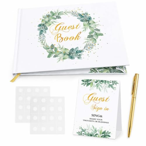 LMSAWK Wedding Guest Book Set, 120 Pages Guest Book with Guest Card, Metallic Pen and Stickers, White Linen Hardcover, Greenery Gold Foil for Wishes and Important Moments