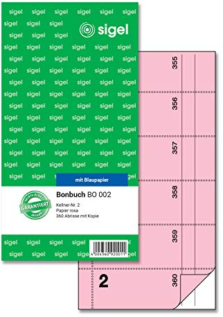 SIGEL BO002 Bonbuch Bonblock, 360 Abrisse, Kellner-Nr. 2, rosa, 10,5 x 20 cm, 2x60 Blatt