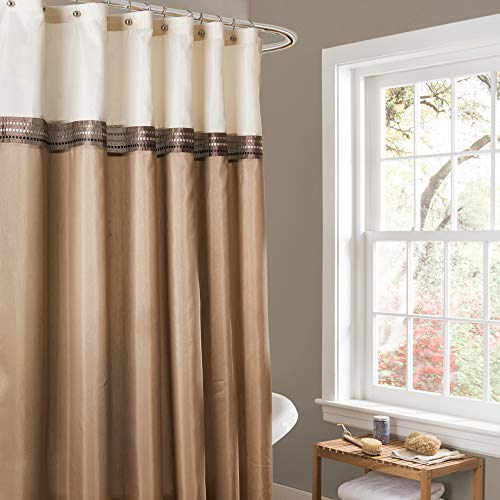 Lush Decor Beige/Ivory Terra Color Block Shower Curtain Fabric Striped Neutral Bathroom Decor, Inch, 72 W x 72 L