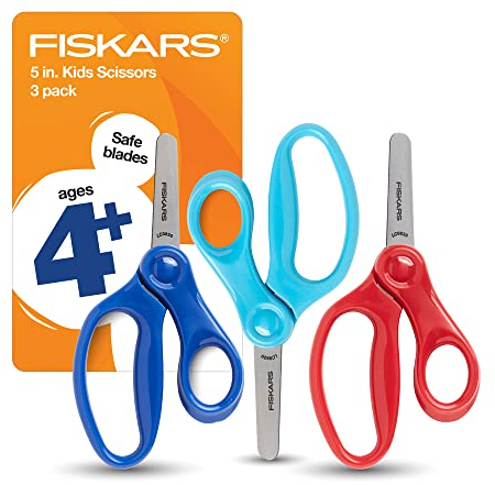 Fiskars Kinderschere, Schere für die Schule, Sicherheitsschere, stumpfe Spitze, 12,7 cm, 3 Stück, Rot, Blau, Türkis