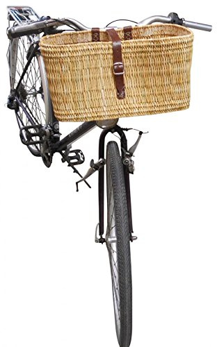 AUBRY GASPARD - Panier Vélo Jonc Naturel - Attaches Cuir Marron - 36 x 15 x 25 cm - Fixation Guidon Sangles - Poids 0,93 kg - Idéal Balades et Courses