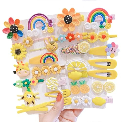 28 Piezas Lindas Pinzas para el Cabello Moda Niñas Accesorios para el Cabello Flor Fruta Colorido Arco Iris Dulce Postre Conjunto de Lindas Pinzas para el Cabello Animal Clips de Metal (Amarillo)