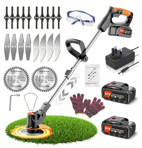 Wrneaoch 21V Strimmer Cordless Grass Trimmer, 90° Head pivots Cordless Strimmer with 2Pcs 2.0Ah Batteries and Charger - for Garden Clearing Weeds Flower Trees