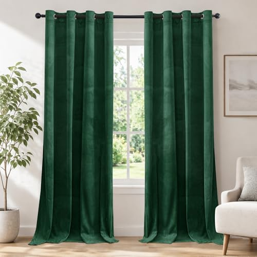 Ystyle Sammetsgardiner om 2 Set, 140 X 245 cm, Gardiner Vardagsrum, Mörkläggningsgardiner, Termiska Gardiner Sammet, Värmeisolerande Gardiner, Gardin Med Öljetter för Vardagsrum Sovrum, Grön