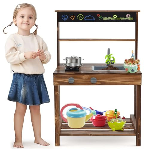 COSTWAY Cuisine Extérieure Enfant avec Tableau Noir & Poêle, Cuisine Boueuse en Bois de Sapin avec Robinet & Évier, Espace de Rangement, Jeu de Simulation pour 3-7 Ans, 65 x 40 x 96 cm