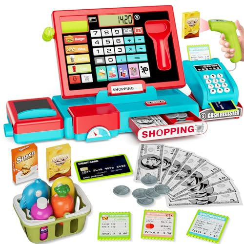 HYES Kinder Kasse Spielzeug mit echtem Rechner Kids Cash Register Toy Pretend Play Store inkl Scanner/Kreditkarte/Spielgeld/Förderer, rot