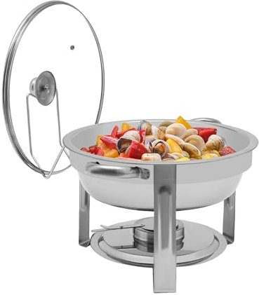 BraveeFly Calentador redondo de acero inoxidable de 5 litros con tapa de cristal visible y soporte, servidor buffet de acero inoxidable y calientaplatos, calentador de comida redondo para catering,