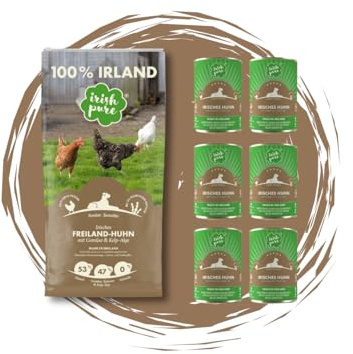 Irish Pure Freiland-Huhn Senior – 12kg + 6x390g - getreidefreies Trockenfutter & Nassfutter für ältere Hunde – mit Kelp-Alge – 100 % natürlich & artgerecht - optimal ausgewogene Ernährung - Sparpaket