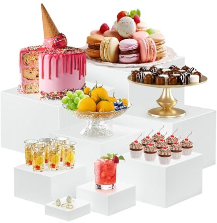 Presentoir a Gateau, Lot de 8 Presentoir Aperitif Buffet, Cube Présentoir Buffet Blanc, Presentoir Buffet Traiteur Acrylique, Support Buffet Mariage pour Dessert/Figurines/Bonbons/Aliments (3-10in)