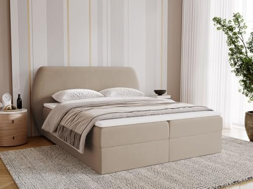 GRAINGOLD Bogota Lit 140x200, Boxspring avec Coffre de Rangement, Rembourré avec Matelas à Ressorts Bonell, Lit Double, Tissu en Velours, avec Surmatelas, avec Tête de Lit (Beige, 140x200)