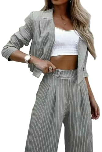 JJDFW Costumes à rayures décontractées pour femmes Tenues d'été Style court Revers Ensemble Pantalon rayé Blazer Manteaux Pantalon Droite Costume, gris, M