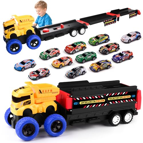 Havnidy Transporte Truck - Coche de Juguete para niños de 3, 4, 5, 6 años, Plegable, con 12 Coches de Remolque, Juguetes de construcción, Regalo para cumpleaños y Navidad