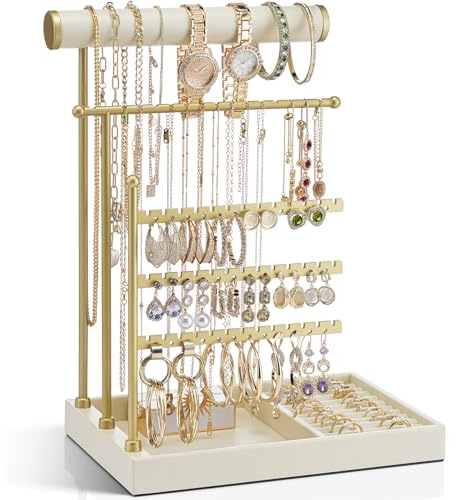 Vlando Schmuckständer mit Ringhalter, Schmuckaufbewahrung Halskettenhalter, Schminktisch Organizer mit Ablage,Zimmer Deko Halterung, Ohrringhalter,Beige
