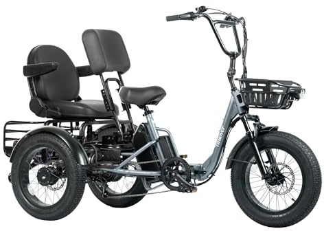 TINIOVER Creek Folding Electric Tricycle for Adults, Etrike with Passenger Seat & Backrest, 1000W 20MPH 80Miles Fat Tire Electric Trike, 3 Wheel Electric Bike, Reverse, Parking, Differential, Gray