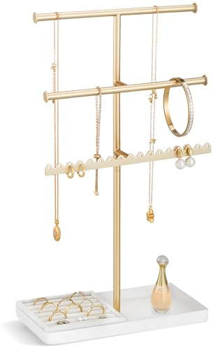 Lolalet Soporte Organizador de Joyas de 3 Niveles, Expositor de Joyas de Metal, Soporte para Joyero para Collares, Pendientes, Pulseras, Anillos, Regalo para Mujeres y Niñas - Dorado