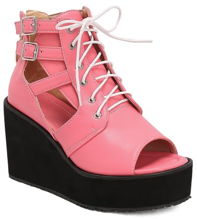 HNVAVQ Sandalias Cuña Plataforma Mujer Botines Cordones Estilo Gótico | Tacón cuña 9.5cm, plataforma 4cm, doble hebilla, cremallera