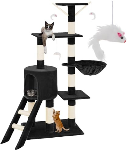tectake® Albero Tiragraffi per Gatti, Comoda Casetta Gatti, 3 Topolini Giochi Gatto, Vari Piani, Struttura Resistente, Tiragraffi per Gatti Adulti e Cuccioli, Altezza 144 cm - Nero