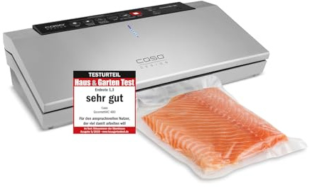 CASO GourmetVAC480 - Envasadora al vacío doméstica - Potente capacidad de vacío de 20 L/min - Integra caja de almacenamiento de film y cortadora plegable - Función de memoria - plateado