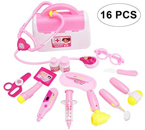 DesignerBox Doctor Kit for Kids with Electronic Stethoscope, 16 PCS Mini Pretend-n-Play Medical Toys Set Doctor Tools Toy Nurse Kit in Pink Durable Gift Case for Toddlers Girls and Boys Birthday Gift
