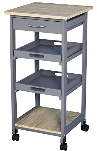 HOMCOM Chariot de Service desserte de Cuisine à roulettes 2 Plateaux Amovibles, tiroir, étagère chêne Clair Bois pin Gris