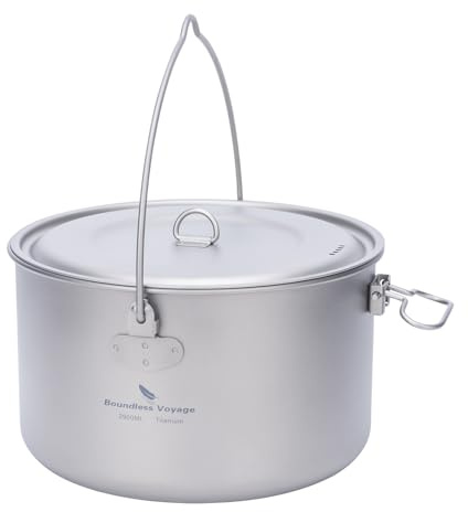 Boundless Voyage Faltbarer Wasserkocher für den Außenbereich, 2900 ml, Titan-Topf mit Deckel, klappbarer Bügelgriff, Camping, Wandern, Picknick, ultraleicht, Tasse, Göffel Set Ti15120A