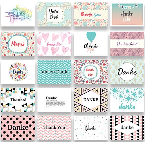 Friendly Fox 20 Dankeskarten, A6 Postkarten zum Danke sagen, verschiedene Muster, Danke Karten mit blanko Rückseite