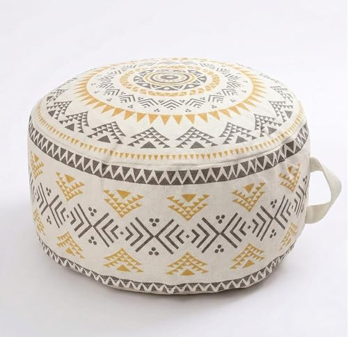 MOCOFO Copertura ottomana rotonda colorata geometrica in stile bohémien non imbottita con maniglia, poggiapiedi decorativo per soggiorno camera da letto patio (giallo, 45x45x45 cm)