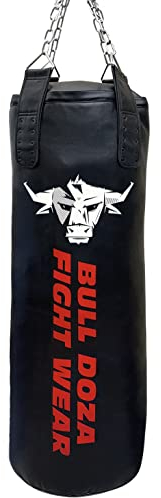 BULL DOZA FIGHT WEAR Selbstbefüllbarer Hochleistungs-Boxsack – mit hängenden Ketten, Wirbel, Karabiner – für MMA, Boxen, Kickboxen, Muay Thai, Taekwondo, Kampfsport (Schwarz, XL Tank 4FT)