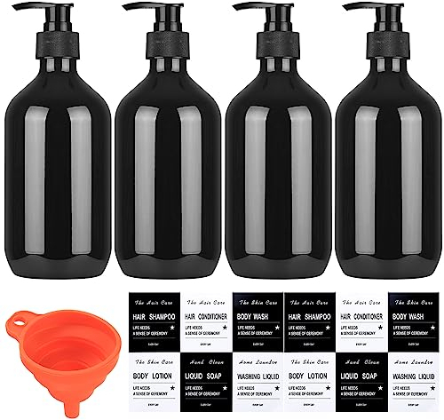 4 Pièces Bouteilles de Shampoing Vides, 500ml Bouteilles de Distributeur de Savon, Flacons de Pompe Plastique pour Liquide/Savon/Shampooing/Gel Douche (4pcs Noir)