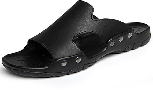 Slidesandaler for män Enkla lädernitar med öppen tå Stängning Strandsandal Vattentät utomhussko (Color : Black, Size : 52 EU)