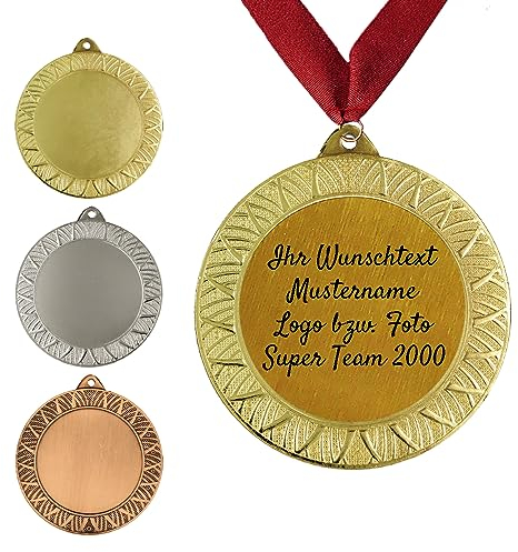 Larius Personalisierte Medaille aus Metall in Gold, Silber & Bronze Farbe, mit Wunschtext, Foto und Logo (mit Halsband, Gold)