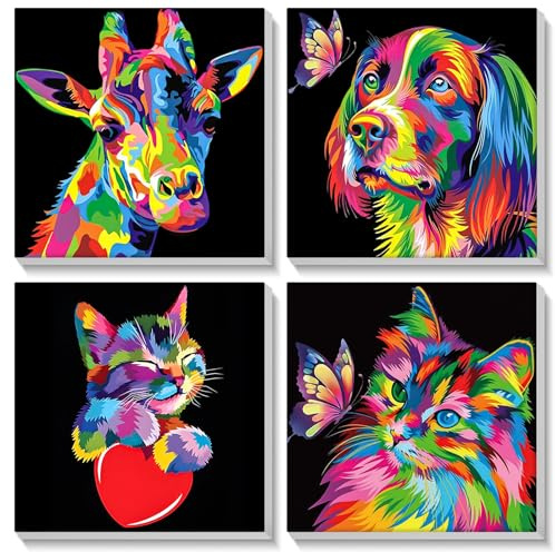 Lxmsja Framed Paint by Numbers Kit for Adults Children, 4 Pack Colorful Animal Painting by Numbers for Beginners, DIY Acrylic Animals Painting Kit Art and Crafts Gifts for Home Wall Decor 8x8in