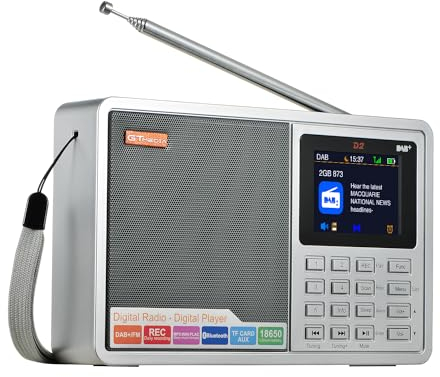 Radio compacte avec Dab+/FM, Lecture Audio, Heure/Alarme, Affichage Couleur, Bluetooth et Support multilingue. Idéal pour Les Voyages, Les entraînements ou l'utilisation en Cuisine. des possibilités