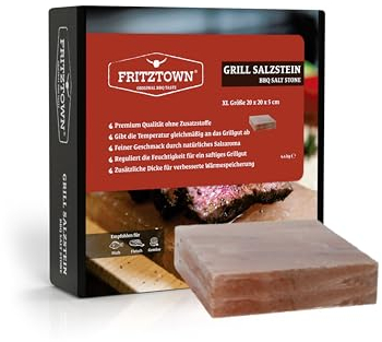 FRITZTOWN® Deluxe Grill Salzstein - 20x20x5 cm - Extra Stark - Feiner Geschmack durch Kristallsalz - Exklusive Geschenkbox inkl. Gebrauchsanweisung