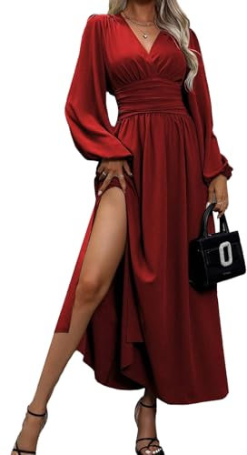 LUVCES Robe Longue Femme Chic et Elegant Col en V Robe Plissée Manches Longues Fendue Solide Robes pour Automne Hiver 2024 Demoiselle d'honneur Mariage Fête Bordeaux XL