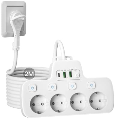 Steckdosenleiste Einzeln Schaltbar, Flachstecker Mehrfachsteckdose mit Schalter 4-Fach Steckerleiste Wandmontage Doppelstecker für Steckdose, Mehrfachstecker USB C Flacher Stecker mit 2m Kabel,Weiβ