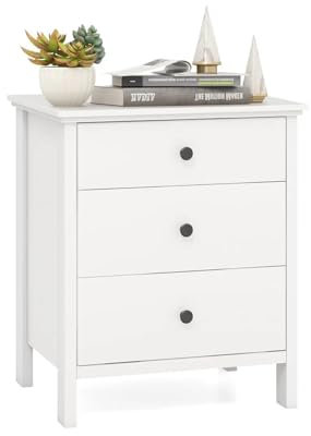 KOMFOTTEU Kommode mit 3 Schubladen, Sideboard klein aus Holz, Schubladenschrank 56 x 45 x 66 cm Aufbewahrungsschrank für Schlafzimmer Wohnzimmer Büro, Weiß (Weiß)