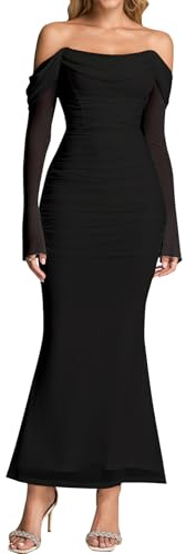 KUTUMAI Off Shoulder Long Sleeve Maxi Dress Corset Bodycon Ruched Cocktail Formal Wedding Guest Dresses for Women Black L