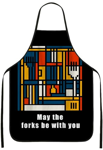 Delantal de cocina con diseño geométrico de tenedores para cocinar, delantal de cocina de arte moderno, elegante delantal culinario para barbacoa, parrilla y trabajo de chef, Negro -, 24x31 Inch