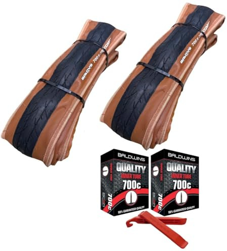PAIR Baldys COMET 700 x 28c BROWN WALL Road Racing Bike Folding Tyres & Presta Valve Inner Tubes (28-622) (Pack of 2)